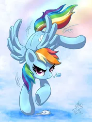 Size: 1280x1683 | Tagged: safe, artist:joakaha, derpibooru import, rainbow dash, pegasus, pony, cloud, female, flying, image, jpeg, landing, looking at you, mare, solo, thought bubble