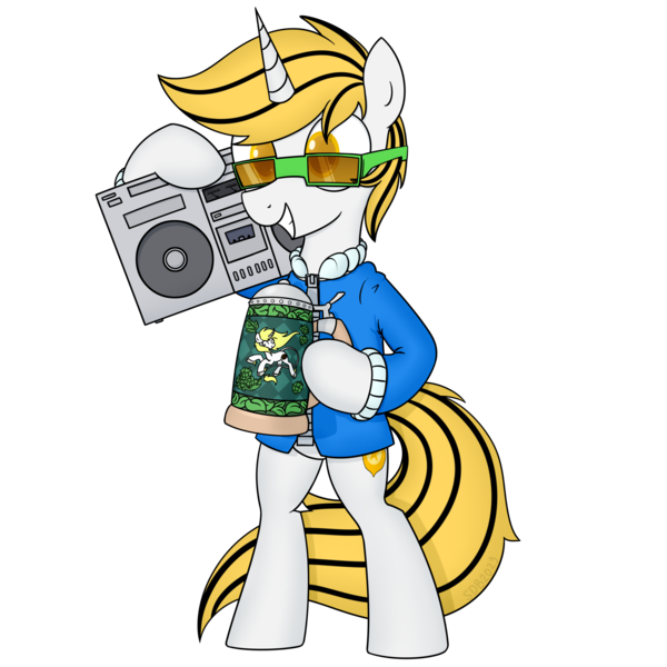 Size: 3000x3000 | Tagged: safe, artist:superderpybot, ponerpics import, oc, oc:srok, unofficial characters only, classical unicorn, pony, unicorn, alcohol, beer, beer mug, bipedal, boombox, clothes, cloven hooves, glasses, horn, image, jacket, leonine tail, male, male oc, png, simple background, smiling, solo, stallion, standing, standing up, transparent background, unicorn oc, unshorn fetlocks