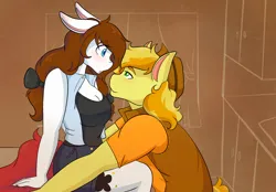 Size: 2048x1423 | Tagged: safe, artist:mscolorsplash, derpibooru import, braeburn, oc, oc:color splash, anthro, earth pony, pegasus, pony, bedroom eyes, blushing, breasts, busty oc, canon x oc, cleavage, duo, duo male and female, eyebrows, eyebrows visible through hair, female, floppy ears, image, looking at you, looking back, looking back at you, looking into each others eyes, male, mare, png, shipping, stallion, straight