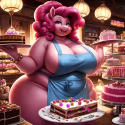 Size: 1024x1024 | Tagged: suggestive, derpibooru import, machine learning generated, stable diffusion, pinkie pie, anthro, ai content, apron, bbw, breasts, busty pinkie pie, cake, clothes, derpibooru exclusive, fat, female, food, image, png, prompter:professordoctorc, pudgy pie, solo, solo female, sugarcube corner