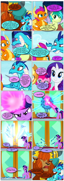 Size: 868x2430 | Tagged: safe, artist:dziadek1990, derpibooru import, edit, edited screencap, screencap, applejack, pinkie pie, prince rutherford, princess ember, rarity, sandbar, smolder, twilight sparkle, school daze, comic, conversation, dialogue, image, png, screencap comic, text