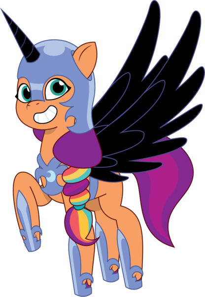 Size: 1027x1482 | Tagged: safe, artist:prixy05, derpibooru import, sunny starscout, alicorn, earth pony, pony, g5, my little pony: tell your tale, black wings, clothes, costume, female, hoof shoes, image, mare, nightmare moon armor, nightmare night costume, png, princess shoes, raised hoof, simple background, solo, transparent background, vector, wings