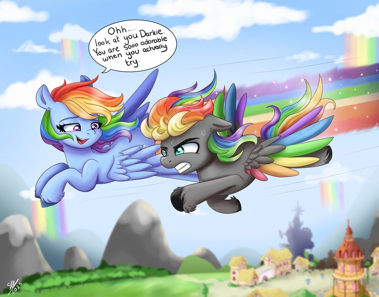 Size: 4784x3757 | Tagged: safe, artist:galaxy swirl, derpibooru import, rainbow dash, oc, oc:dark rainbow, pegasus, pony, canon x oc, cloud, commission, darsh, dialogue, female, flying, image, jpeg, male, mare, mountain, multicolored hair, pegasus oc, ponyville, rainbow hair, rainbow trail, shipping, sky, stallion, straight, text, tree, wings