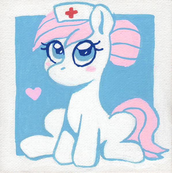 Size: 1175x1180 | Tagged: safe, artist:dandy, derpibooru import, nurse redheart, pony, acrylic painting, blushing, cute, female, hat, heart, image, mare, nurse hat, png, sitting, solo, traditional art
