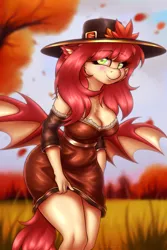 Size: 4000x6000 | Tagged: safe, derpibooru import, oc, oc:airi, anthro, bat pony, pony, absurd resolution, autumn, bat wings, blushing, breasts, clothes, commission, dress, female, hat, image, looking at you, mare, png, smiling, solo, wings, ych result