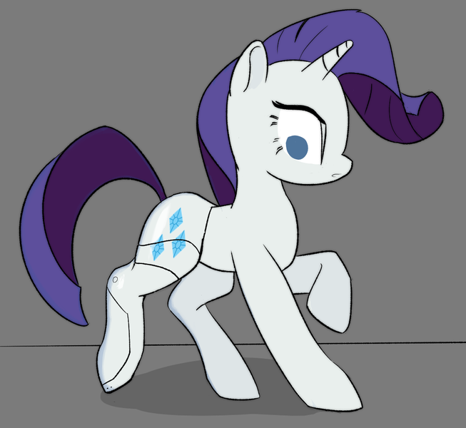 Size: 1002x921 | Tagged: safe, artist:marrsund, derpibooru import, rarity, pony, unicorn, amputee, cybernetic legs, female, gray background, image, mare, png, prosthetic leg, prosthetic limb, prosthetics, raised hoof, simple background, solo