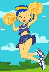 Size: 1397x2048 | Tagged: safe, artist:mlpfan3991, derpibooru import, oc, oc:flare spark, unofficial characters only, bird, human, equestria girls, cheerleader, cheerleader outfit, clothes, eyes closed, female, image, jpeg, jumping, midriff, open mouth, pom pom, shoes, skirt, sky, solo