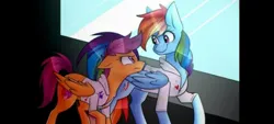 Size: 1600x720 | Tagged: dead source, safe, artist:annathe67th, derpibooru import, rainbow dash, scootaloo, fanfic:rainbow factory, abstract background, blood, blood stains, clothes, duo, fanfic art, floppy ears, frown, good end?, image, jpeg, lab coat, looking at each other, looking at someone, older, older scootaloo, smiling, window