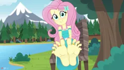 Size: 1600x900 | Tagged: suggestive, artist:n0kkun, artist:nok_2, derpibooru import, fluttershy, equestria girls, equestria girls series, blushing, brush, clothes, cute, everfree forest, feet, female, fetish, foot fetish, foot focus, gold, image, jewelry, lake, mountain, nail polish, nails, nature, png, show accurate, shyabetes, skirt, soles, solo, solo female, toe ring, toenail polish, toes, tree, water