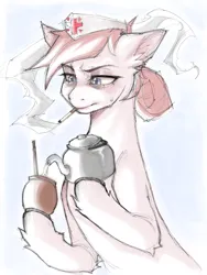 Size: 3000x4000 | Tagged: safe, artist:chochuki, artist:tendocake, derpibooru import, nurse redheart, earth pony, pony, bags under eyes, cigarette, depressed, female, fetlock tuft, g4, hoof hold, image, mare, mate, png, simple background, smoking, solo, sweat, sweatdrop, teapot