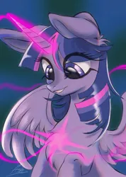 Size: 1053x1479 | Tagged: safe, artist:k_lash147, derpibooru import, twilight sparkle, twilight sparkle (alicorn), alicorn, pony, chest fluff, eye clipping through hair, female, glow, glowing horn, horn, image, jpeg, magic, magic aura, mare, signature, solo, spread wings, wings