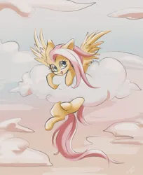 Size: 1127x1381 | Tagged: safe, artist:k_lash147, derpibooru import, fluttershy, pegasus, pony, cloud, female, image, in cloud, jpeg, looking at you, mare, open mouth, open smile, sky, smiling, smiling at you, solo, spread wings, wings