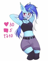 Size: 1188x1501 | Tagged: safe, artist:freyamilk, derpibooru import, oc, oc:candy star, anthro, pony, unicorn, arm behind head, armpits, blushing, female, image, jpeg, mare, midriff, simple background, solo, stripping, white background