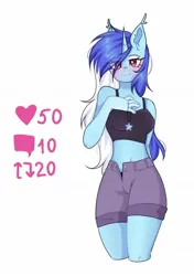 Size: 1028x1458 | Tagged: suggestive, artist:freyamilk, derpibooru import, oc, oc:candy star, anthro, pony, unicorn, blushing, breasts, eye clipping through hair, female, image, jpeg, mare, simple background, solo, solo female, white background