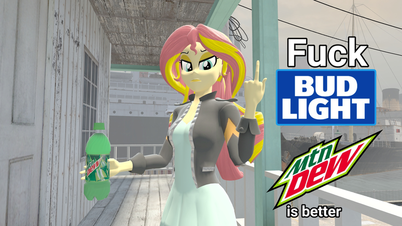 Size: 1920x1080 | Tagged: safe, derpibooru import, sunset shimmer, equestria girls, 3d, angry, bud light, image, middle finger, mountain dew, png, source filmmaker, vulgar