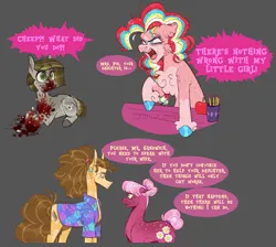 Size: 2116x1895 | Tagged: semi-grimdark, artist:anomalousjester, derpibooru import, cheerilee, cheese sandwich, pinkie pie, oc, oc:chicken pot pie, earth pony, pony, blood, dialogue, feather, female, filly, foal, gray background, image, male, mare, offspring, parent:cheese sandwich, parent:pinkie pie, parents:cheesepie, png, simple background, speech bubble, stallion, yelling