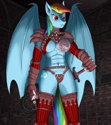 Size: 1920x2160 | Tagged: suggestive, artist:quakehoof, derpibooru import, rainbow dash, anthro, bat pony, undead, unguligrade anthro, vampire, vampony, abs, alternate cutie mark, bat ponified, bat wings, belly button, breasts, busty rainbow dash, choker, clothes, dagger, fangs, image, metal claws, obscure reference, panties, png, race swap, rainbowbat, sample, self promotion, socks, sword, thigh highs, underwear, weapon, whip, wings