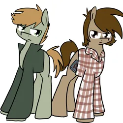 Size: 700x700 | Tagged: safe, artist:supernaturalismagic, derpibooru import, earth pony, pony, clothes, dean winchester, duo, image, male, png, sam winchester, shirt, simple background, stallion, supernatural, tumblr:supernaturalismagic, white background