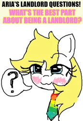 Size: 500x728 | Tagged: safe, artist:aryannespetfemboy, ponerpics import, oc, oc:aryanne, unofficial characters only, earth pony, pony, :3, aria property cinematic universe, blushing, caption, image, image macro, looking at you, nazi, necktie, png, pride flag, question, question mark, simple background, speech bubble, text, white background