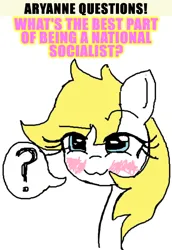 Size: 500x728 | Tagged: safe, artist:aryannespetfemboy, edit, editor:strifesnout, ponerpics import, oc, oc:aryanne, unofficial characters only, earth pony, pony, :3, blushing, caption, image, image macro, looking at you, nazi, png, question, question mark, simple background, speech bubble, text, white background