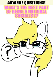 Size: 500x728 | Tagged: safe, artist:aryannespetfemboy, edit, editor:strifesnout, ponerpics import, oc, oc:aryanne, unofficial characters only, earth pony, pony, :3, caption, image, image macro, looking at you, nazi, png, question, question mark, simple background, speech bubble, text, white background