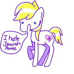 Size: 680x680 | Tagged: safe, artist:aryannespetfemboy, edit, editor:strifesnout, ponerpics import, oc, oc:aryanne, earth pony, pony, antisemitism, image, nazi, open mouth, png, racism, raised leg, simple background, skinny, speech bubble, white background