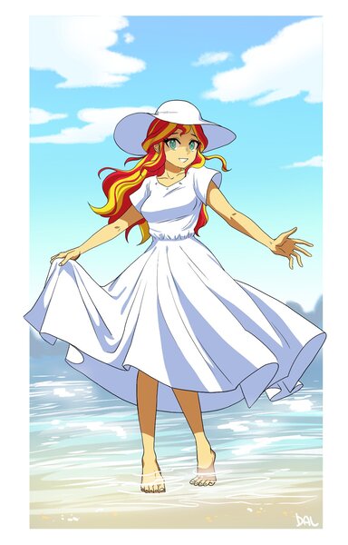 Size: 1200x1877 | Tagged: safe, artist:dalsegno, derpibooru import, sunset shimmer, human, equestria girls, barefoot, beach, clothes, cute, dress, feet, hat, image, jpeg, looking at you, partially submerged, passepartout, shimmerbetes, smiling, smiling at you, solo, standing in water, sun hat, sundress, water