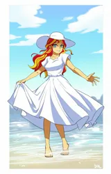 Size: 1200x1877 | Tagged: safe, artist:dalsegno, derpibooru import, sunset shimmer, human, equestria girls, barefoot, beach, clothes, cute, dress, feet, hat, image, jpeg, looking at you, partially submerged, passepartout, shimmerbetes, smiling, smiling at you, solo, standing in water, sun hat, sundress, water