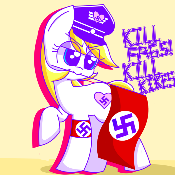 Size: 2048x2048 | Tagged: safe, artist:aryannespetfemboy, edit, editor:strifesnout, ponerpics import, oc, oc:aryanne, earth pony, pony, antisemitism, armband, blonde, blonde mane, caption, eye clipping through hair, eyelashes, female, flag, image, military hat, mouth hold, nazi, nazi armband, nazi hat, nazipone, png, racism, raised hoof, raised leg, shadow, simple background, smiling, smug, solo, swastika, text, white coat, yellow background