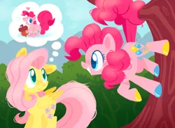 Size: 2048x1488 | Tagged: safe, artist:raystarkitty, derpibooru import, fluttershy, pinkie pie, earth pony, pegasus, pony, squirrel, it ain't easy being breezies, cute, diapinkes, duo, female, grin, hooves, image, looking at each other, looking at someone, mare, multicolored hooves, png, prehensile tail, scene interpretation, shyabetes, smiling, smiling at each other, tail, thought bubble