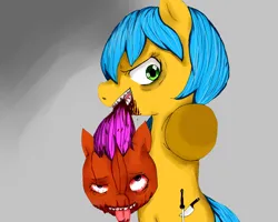 Size: 1024x820 | Tagged: grimdark, artist:artsenravenbrave, derpibooru import, oc, oc:razor cute, unofficial characters only, pony, bipedal, blood, dead, decapitated, image, jpeg, mouth hold, severed head