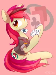 Size: 2700x3600 | Tagged: safe, artist:dshou, derpibooru import, oc, unofficial characters only, earth pony, pony, clothes, dealer, earth pony oc, female, high res, hoof hold, image, mare, mouth hold, playing card, png, shirt, simple background, sitting, solo, visor cap