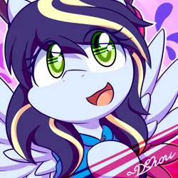 Size: 500x500 | Tagged: safe, artist:dshou, derpibooru import, oc, oc:bubble splat, unofficial characters only, pegasus, pony, bust, clothes, green eyes, hoodie, image, jpeg, looking up, open mouth, open smile, portrait, smiling, solo, spread wings, sweat, sweatdrops, wavy mouth, wings