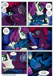 Size: 2480x3508 | Tagged: safe, artist:dsana, derpibooru import, fizzlepop berrytwist, tempest shadow, oc, oc:lullaby dusk, oc:thistledown, earth pony, pegasus, pony, unicorn, comic:a storm's lullaby, female, filly, foal, image, kissing, mare, png