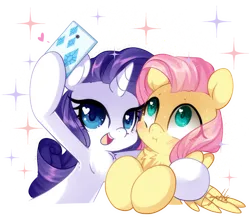 Size: 1286x1145 | Tagged: safe, artist:loyaldis, derpibooru import, fluttershy, rarity, pegasus, pony, unicorn, duo, duo female, female, flarity, heart, heart eyes, hoof hold, horn, hug, image, lesbian, looking up, mare, mobile phone, open mouth, open smile, phone, png, selfie, shipping, simple background, smartphone, smiling, sparkles, transparent background, wingding eyes, wings