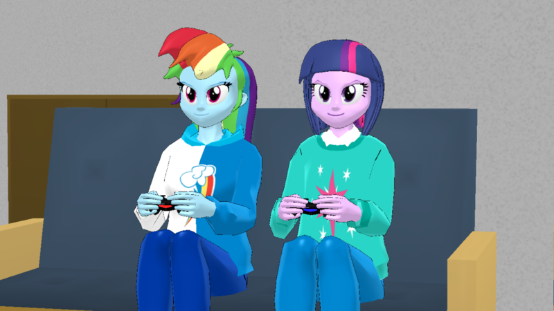 Size: 1280x720 | Tagged: safe, artist:ardoplasma41, artist:creatorofpony, derpibooru import, rainbow dash, twilight sparkle, equestria girls, 3d, alternate hairstyle, clothes, controller, couch, female, game, gamer dash, gamer twilight, gaming, hoodie, image, lesbian, mmd, pants, playing, png, shipping, shirt, sitting, sweater, twidash