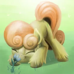 Size: 1080x1080 | Tagged: safe, artist:candy meow, derpibooru import, junebug, earth pony, insect, pony, abstract background, cheek fluff, ear fluff, eyes closed, female, flower, grass, image, kneeling, leaning forward, leg fluff, mare, png, smelling, smiling, solo, unshorn fetlocks