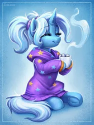 Size: 1200x1600 | Tagged: safe, artist:scheadar, derpibooru import, trixie, pony, unicorn, alternate hairstyle, babysitter trixie, chocolate, clothes, cute, diatrixes, eyebrows, eyes closed, female, food, frog (hoof), holding, hoodie, horn, hot chocolate, image, jpeg, mare, marshmallow, sitting, solo, underhoof