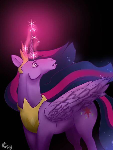 Size: 768x1024 | Tagged: safe, artist:an0rmal5, derpibooru import, princess twilight 2.0, twilight sparkle, twilight sparkle (alicorn), alicorn, the last problem, black background, crown, glow, glowing horn, hoers, horn, image, jewelry, jpeg, older, older twilight, regalia, signature, simple background, solo