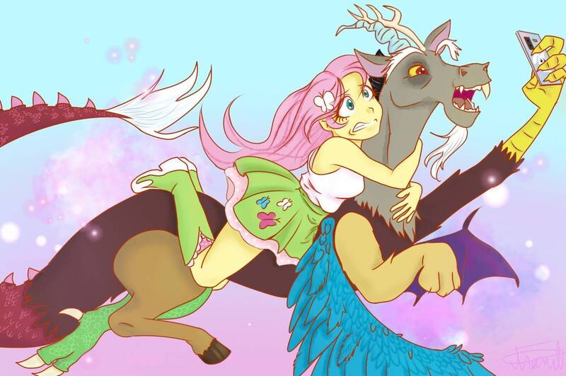 Size: 1503x1000 | Tagged: safe, artist:an0rmal5, derpibooru import, discord, fluttershy, draconequus, equestria girls, clothes, cutie mark, cutie mark on clothes, duo, duo male and female, female, hanging on, holding neck, image, jpeg, male, neck hold, phone, scared, selfie, signature, skirt