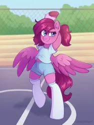 Size: 1536x2048 | Tagged: safe, artist:skysorbett, derpibooru import, oc, unofficial characters only, pegasus, pony, clothes, female, image, mare, pegasus oc, png, shirt, shorts, socks, solo, sports, stadium, standing, standing on one leg, stretching, t-shirt, wings