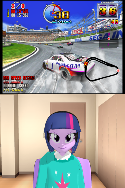 Size: 640x960 | Tagged: safe, artist:ardoplasma41, artist:creatorofpony, derpibooru import, twilight sparkle, equestria girls, 3d, alternate hairstyle, clothes, daytona usa, daytona usa 2, drift, drifting, gamer twilight, headphones, image, mmd, phantom full force, png, shirt, sweater