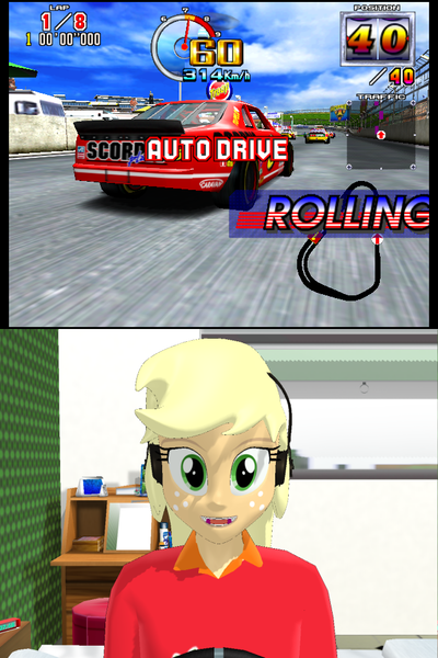 Size: 640x960 | Tagged: safe, artist:ardoplasma41, artist:creatorofpony, derpibooru import, applejack, equestria girls, 3d, clothes, daytona usa, daytona usa 2, gamerjack, headphones, image, mmd, png, polo shirt, scorpio plasma, shirt