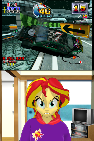 Size: 640x960 | Tagged: safe, artist:ardoplasma41, artist:creatorofpony, derpibooru import, sunset shimmer, equestria girls, 3d, angry, car crash, clothes, crash, daytona usa, daytona usa 2, gamer sunset, headphones, hoodie, image, mmd, phantom full force, png, wrecked car