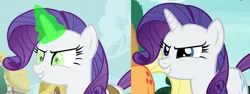 Size: 1917x720 | Tagged: safe, derpibooru import, rarity, changeling, pony, unicorn, inspiration manifestation, to where and back again, comparison, disguise, disguised changeling, fake rarity, image, inspirarity, png, possessed, solo