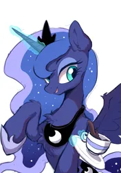 Size: 1535x2185 | Tagged: safe, artist:starbow, derpibooru import, part of a set, princess luna, alicorn, pony, chest fluff, cup, cute, eyebrows, female, fluffy, glow, glowing horn, horn, image, jpeg, levitation, lunabetes, magic, magic aura, mare, raised hoof, simple background, solo, spread wings, teacup, telekinesis, white background, wings