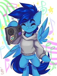 Size: 1200x1600 | Tagged: safe, artist:falafeljake, derpibooru import, oc, oc:apply, unofficial characters only, pegasus, bipedal, clothes, eyes closed, holding, hoodie, image, music notes, pegasus oc, png, turntable, wings