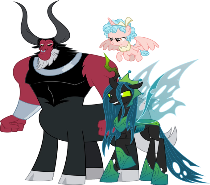 Size: 1000x881 | Tagged: safe, artist:fruft, derpibooru import, edit, editor:incredibubbleirishguy, vector edit, cozy glow, lord tirek, queen chrysalis, alicorn, centaur, changeling, the ending of the end, alicornified, antagonist, cozycorn, duo, duo female, evil grin, female, grin, image, legion of doom, link in source, male, mean three, png, race swap, smiling, trio, ultimate chrysalis, vector, villainess