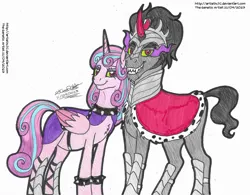Size: 5630x4395 | Tagged: safe, artist:artistnjc, derpibooru import, king sombra, princess flurry heart, alicorn, pony, unicorn, bad end, bracelet, collar, evil flurry heart, evil grin, female, flurrybra, grin, image, male, older, older flurry heart, png, pregnant, saddle, shipping, signature, simple background, smiling, sombra eyes, spiked collar, spiked wristband, straight, tack, traditional art, wristband