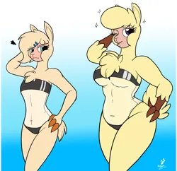 Size: 1934x1872 | Tagged: suggestive, artist:duragan, derpibooru import, oc, oc:shio, oc:shio (hitsuji), alpaca, anthro, them's fightin' herds, anthro oc, arm behind head, belly button, belly fetish, bikini, chubby, clothes, community related, curvy, extra thicc, female, females only, gris swimsuit, hand on hip, image, jealous, looking at you, one eye closed, one-piece swimsuit, paprika (tfh), png, pose, see-through, size difference, slender, swimsuit, thick, thin, wink, winking at you
